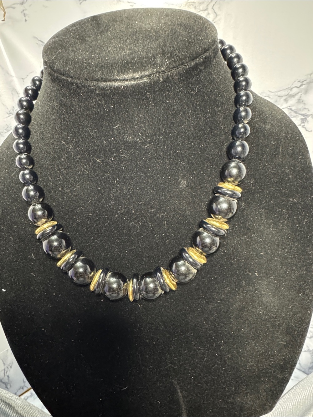 Source Unknown Black Beaded Necklace with Gold Accents